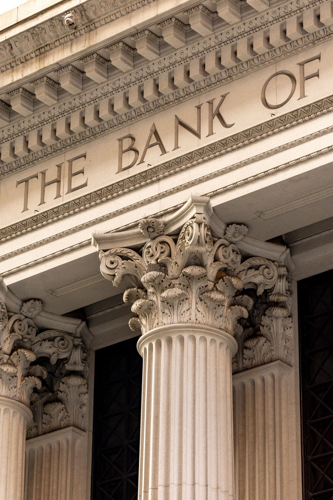 Classical bank building facade with columns