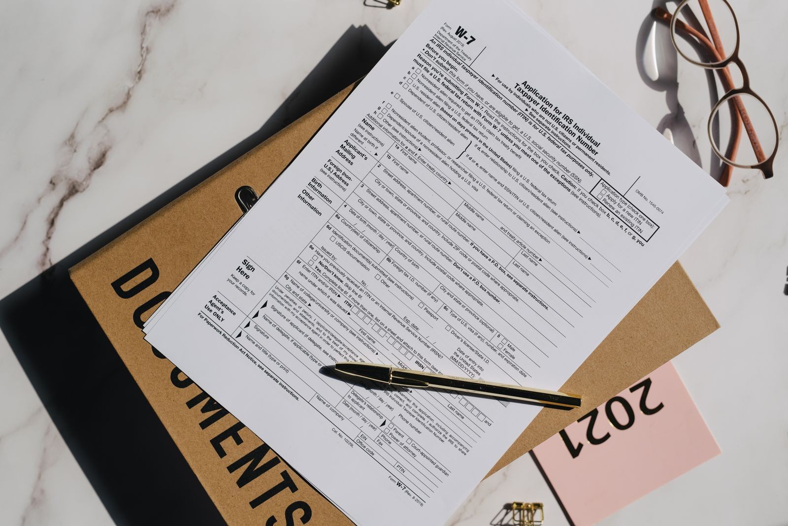 Tax documents and forms on a desk