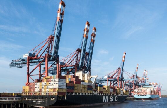 Container ships docked at a busy port