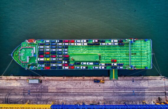 Aerial view of a car carrier ship loaded with vehicles
