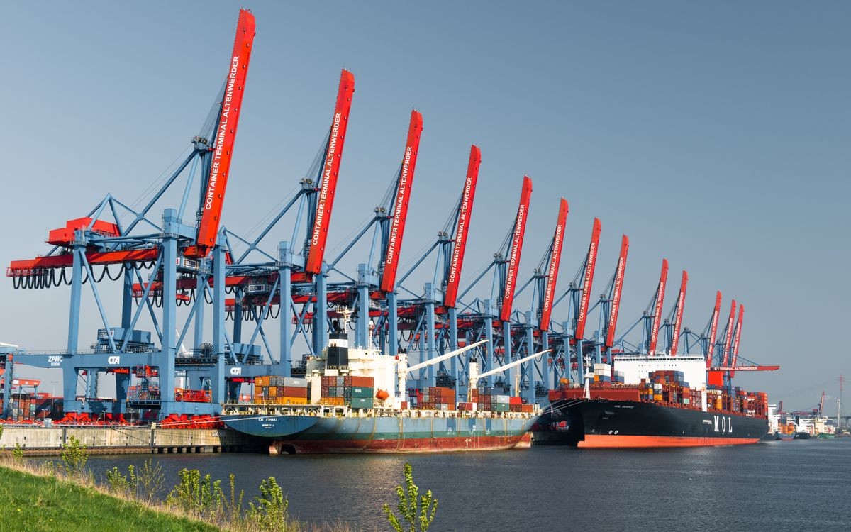 Container ships and cranes at a shipping terminal